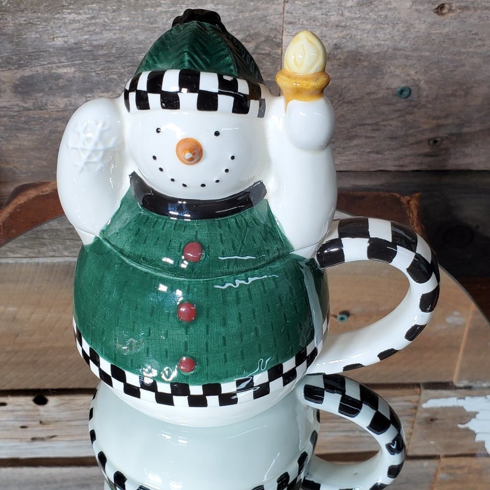 Debbie Mumm Snowman Covered Creamer - Green-Black&White Checkered
